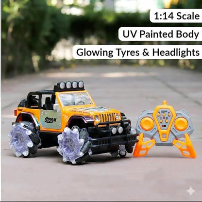 1:14 RC Off-Road Monster Jeep – 2.4GHz Stunt Car with Multicolor UV Body, LED Wheels & Openable Doors