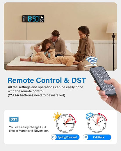 Large LED Digital Wall Clock with Remote – Alarm Clock with Date, Day, Temperature, Humidity & Countdown Timer