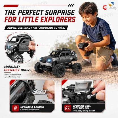 1:18 RC Defender Car – Rechargeable Remote Control SUV with Mist Spray, LED Lights & Metal Body