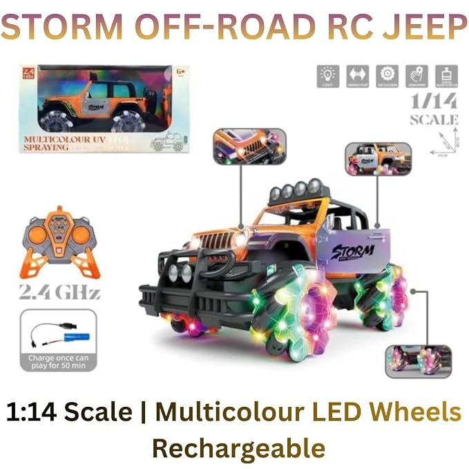 1:14 RC Off-Road Monster Jeep – 2.4GHz Stunt Car with Multicolor UV Body, LED Wheels & Openable Doors