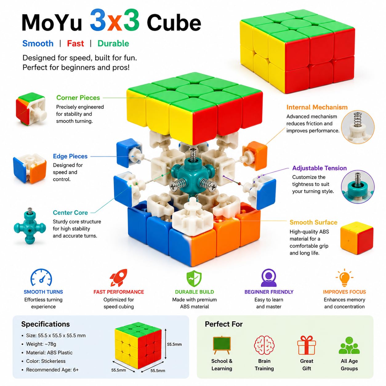 MoYu 3×3 Speed Cube – Stickerless Magic Puzzle Cube with Solution Guide | Puzzle Toy for Kids & Adults