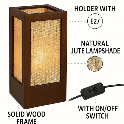 Modern Handcrafted Wooden Table Lamp with Natural Jute Shade – Black Bedside & Living Room Lamp (Made in India)