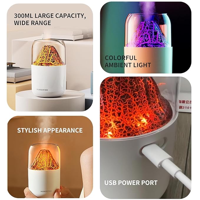 Volcano Flame Humidifier with LED Light – 3D Lava Mist Aroma Diffuser & Portable Air Humidifier (Multicolor)