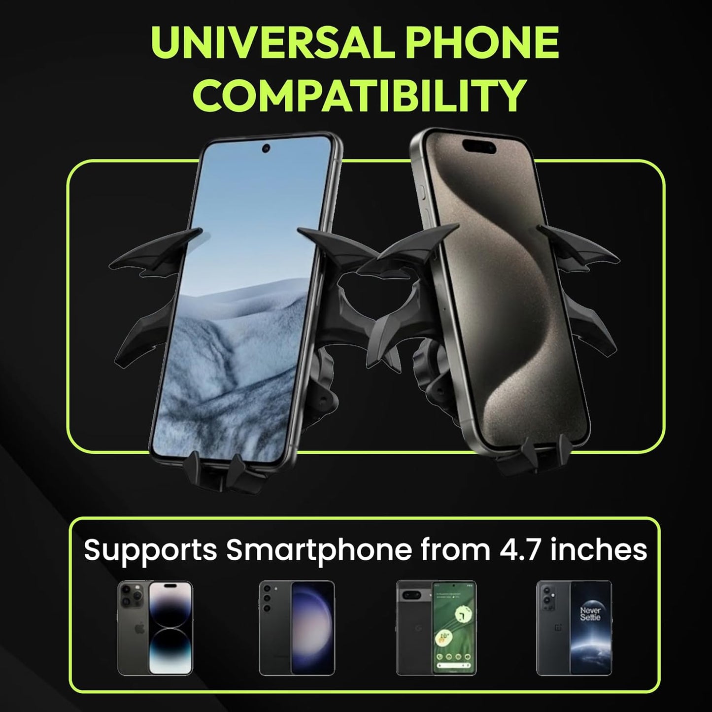 Questsole Universal Car Mobile Holder – 360° Rotating Air Vent Phone Mount with Strong Grip & Futuristic Bat-Wing Design (Jet Black)