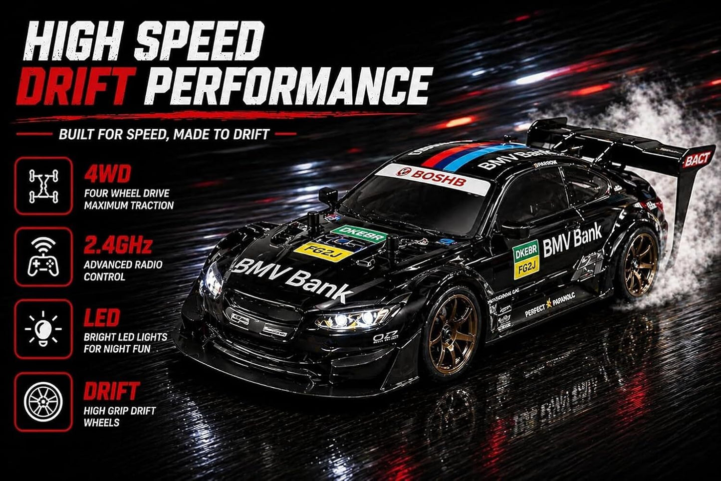 4x4 RC Drift Car – 25KM/H High-Speed Remote Control Racing Car with LED Lights & Drift Tires