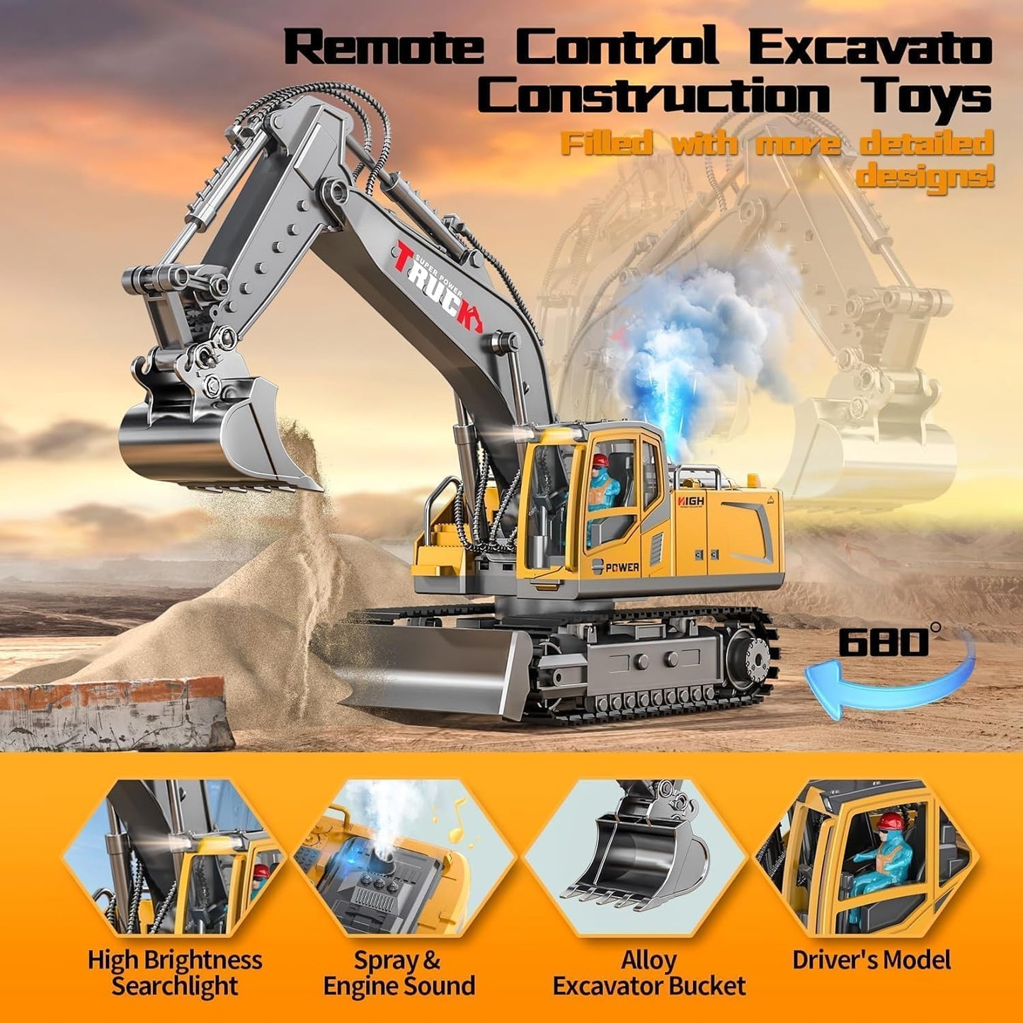 RC Metal Excavator 13-Channel – Alloy Construction Vehicle with 680° Rotation