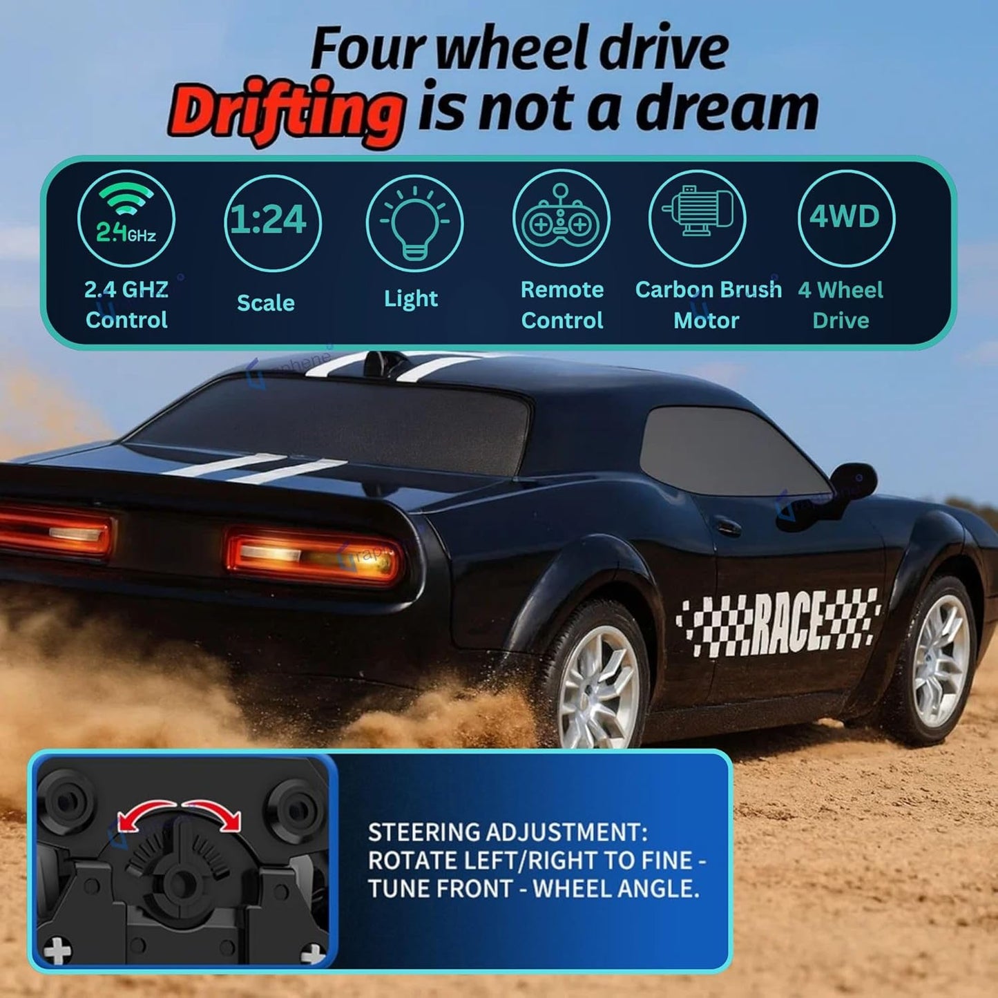 GRAPHENE 1:24 RC Drift Car – 4WD 20 km/h Remote Control Racing Car with LED Lights
