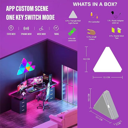 Smart RGBIC Triangular LED Wall Light Panels (Pack of 6) – App Control, Music Sync & 16 Million Colors