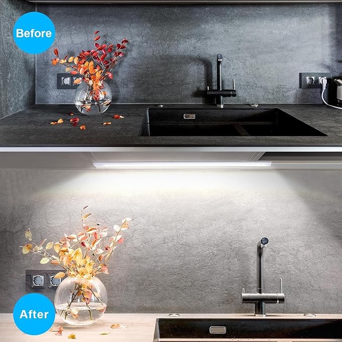 Kikvi 4-Pack Under Cabinet LED Lights – 3 Color Modes, 10-Level Brightness, 7W USB Plug Batten Lights