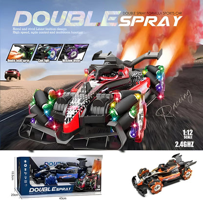 1:12 Double Formula RC Racing Car – Mecanum Wheel Drift Car with Spray Effects, Lights & Music