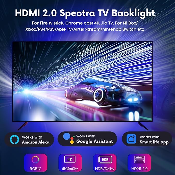 HDMI Sync Box with LED Bar – Smart TV Backlight Kit for 75–85 Inch TVs with App & Voice Control