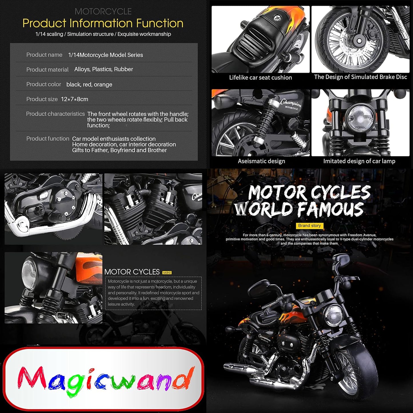 Magicwand® 1:14 Scale Die-Cast Cruiser Motorcycle – Pull Back Metal Bike with Moving Handle (Black)