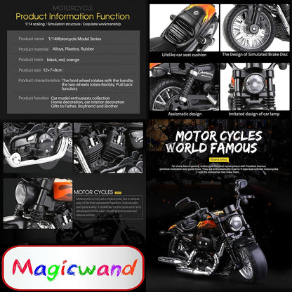 Magicwand® 1:14 Scale Die-Cast Cruiser Motorcycle – Pull Back Metal Bike with Moving Handle (Black)