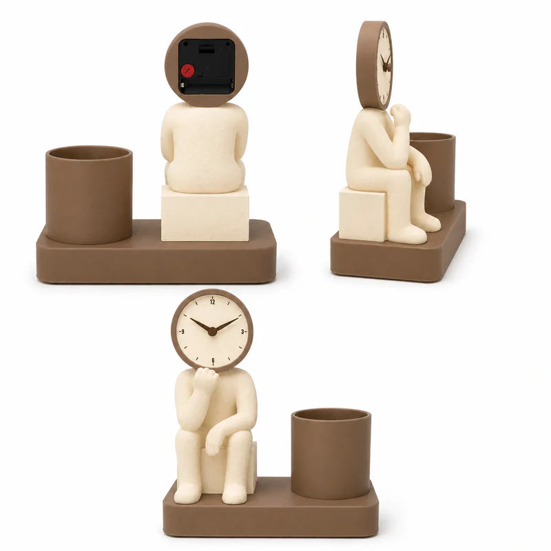 Mr. Thinker Desk Clock & Pen Stand – Modern Desktop Organizer with Analog Clock for Office & Study Table