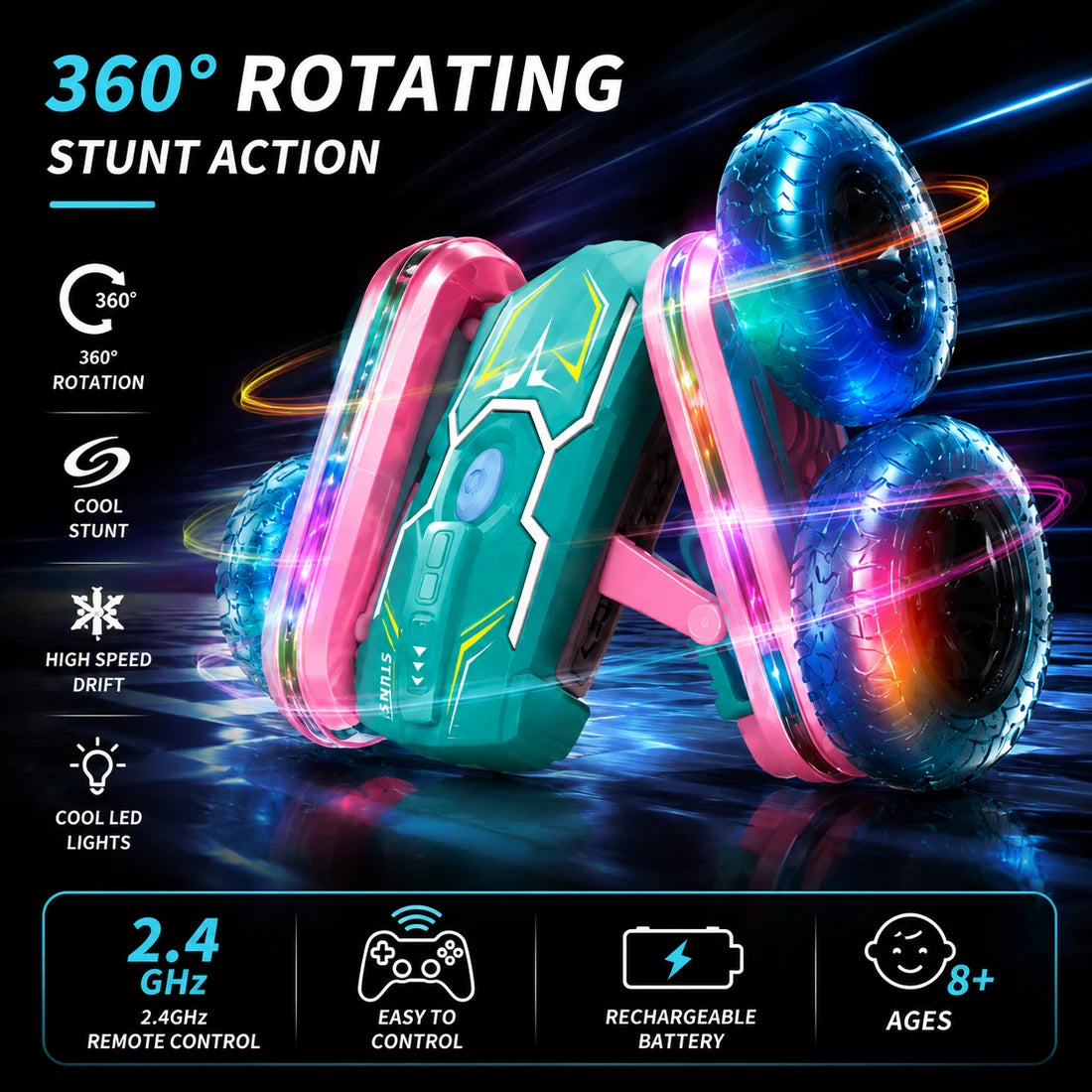 RC Stunt Car – 2.4GHz 360° Rotating Double-Sided Drift Vehicle with LED Lights