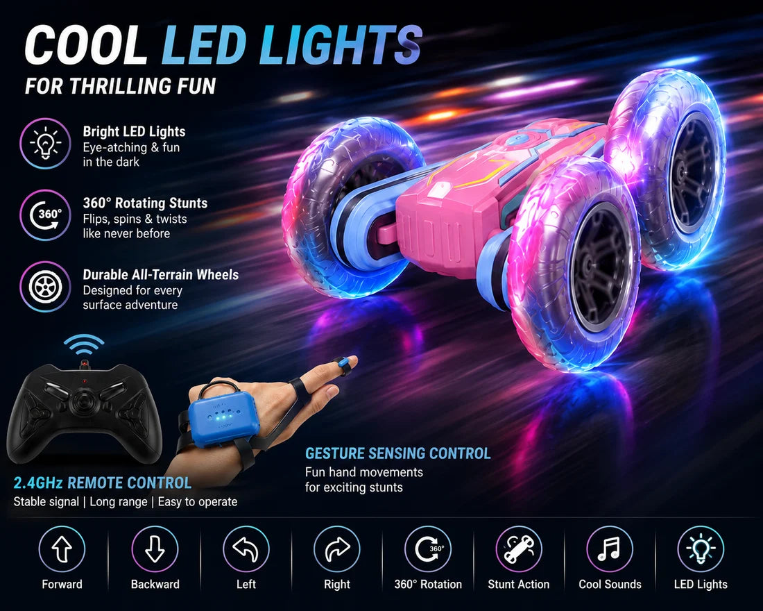 RC Stunt Car – 2.4GHz 360° Rotating Double-Sided Drift Vehicle with LED Lights