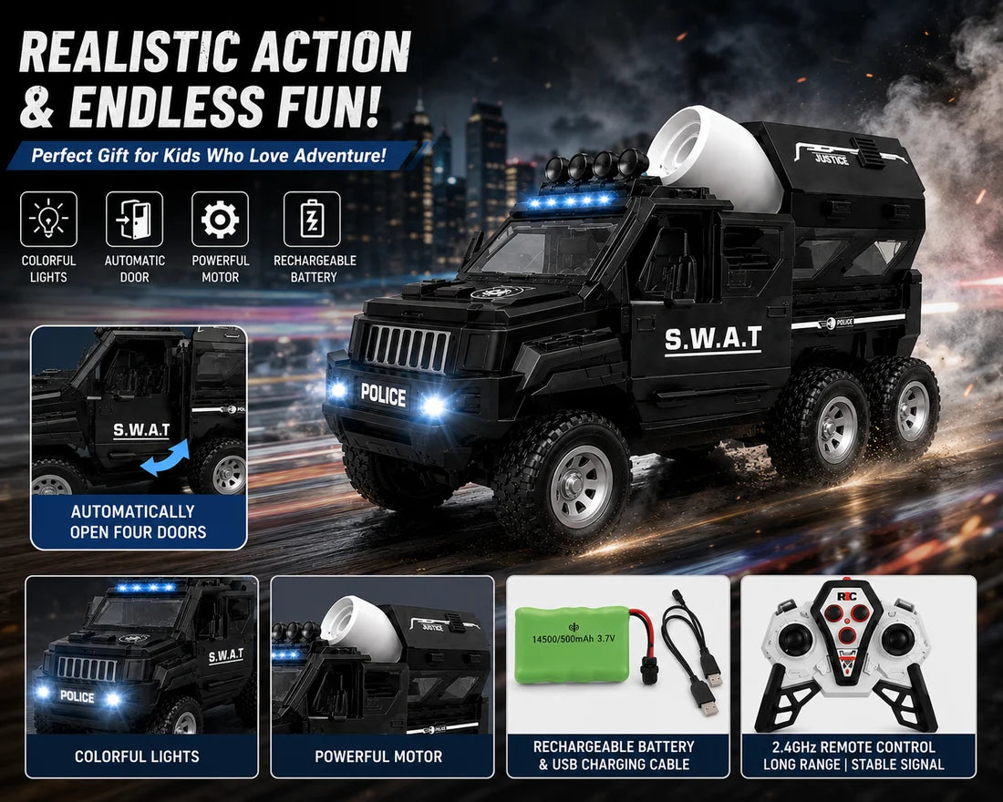 SCOFFCO OS1524 RC SWAT Armored Vehicle – 6-Wheel 2.4GHz Police Truck with LED Lights & Sound
