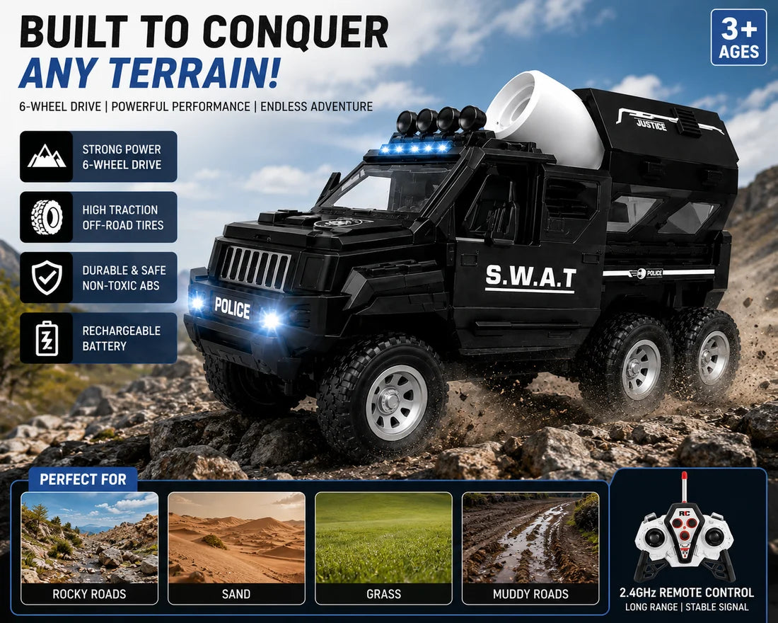 SCOFFCO OS1524 RC SWAT Armored Vehicle – 6-Wheel 2.4GHz Police Truck with LED Lights & Sound