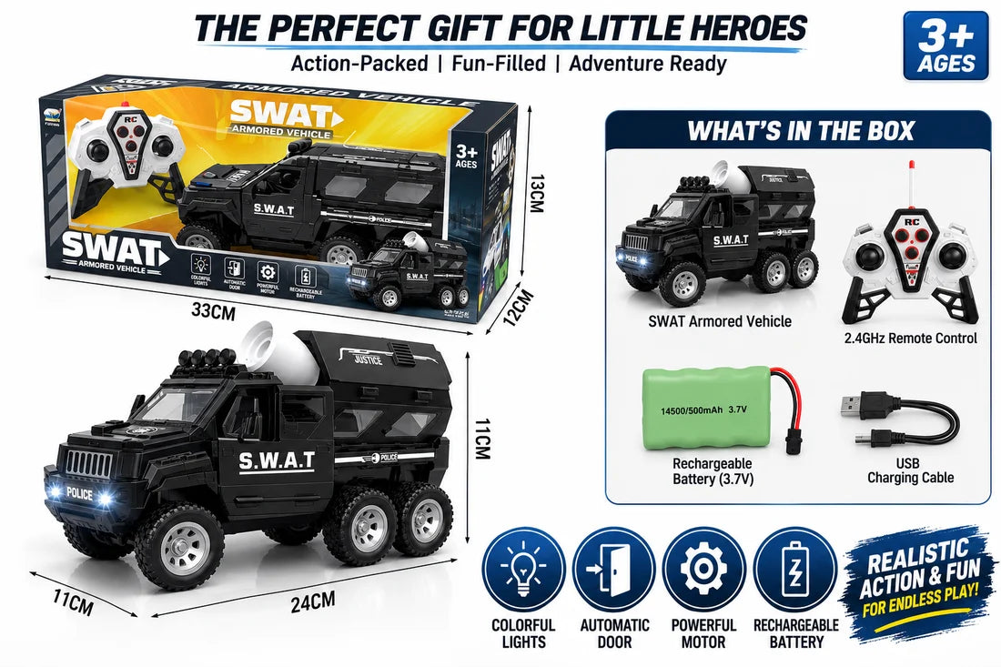 SCOFFCO OS1524 RC SWAT Armored Vehicle – 6-Wheel 2.4GHz Police Truck with LED Lights & Sound