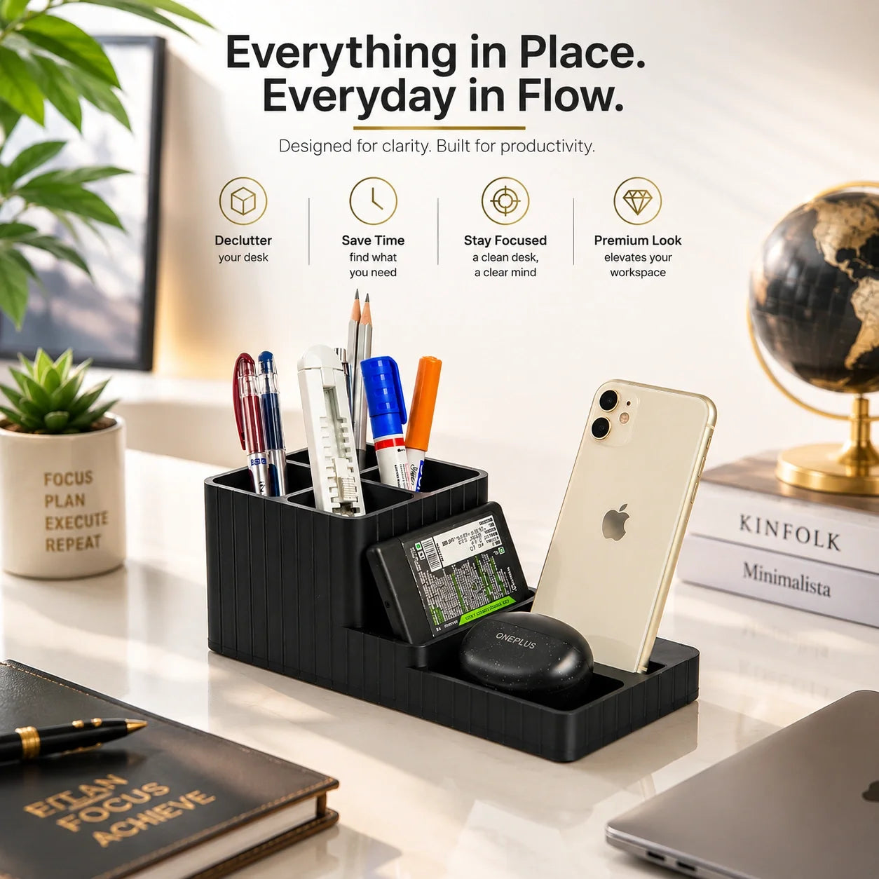 LuxeStation Desk Organizer with Phone Dock – Premium Desktop Storage Station for Office, Study Table & Workspace