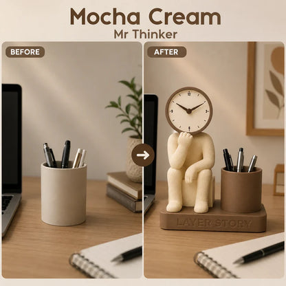 Mr. Thinker Desk Clock & Pen Stand – Modern Desktop Organizer with Analog Clock for Office & Study Table