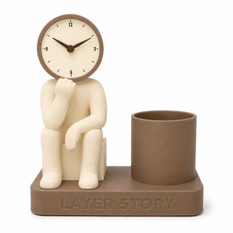 Mr. Thinker Desk Clock & Pen Stand – Modern Desktop Organizer with Analog Clock for Office & Study Table