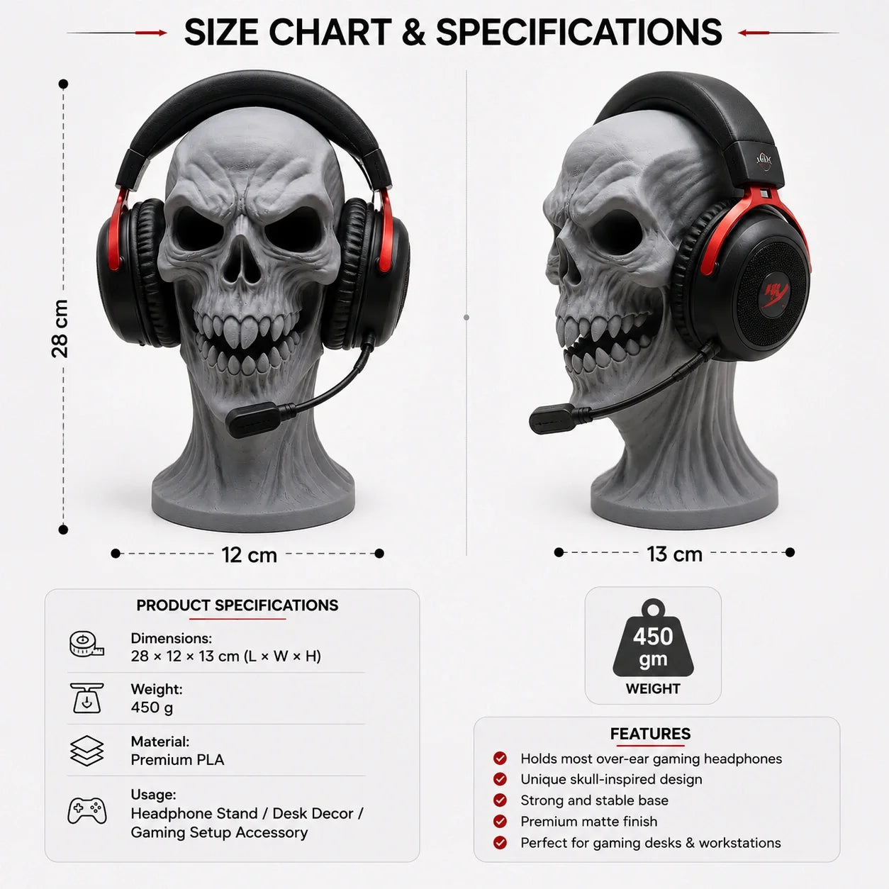Scary Skull Headphone Holder – Gothic Gaming Headset Stand for Desk, Office & Gaming Setup
