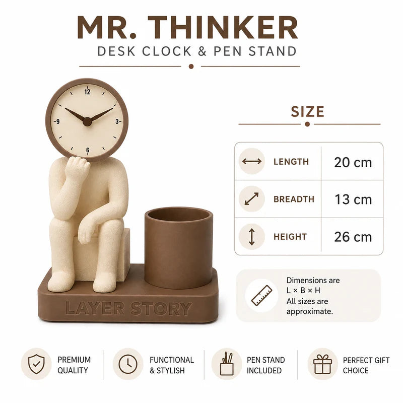 Mr. Thinker Desk Clock & Pen Stand – Modern Desktop Organizer with Analog Clock for Office & Study Table