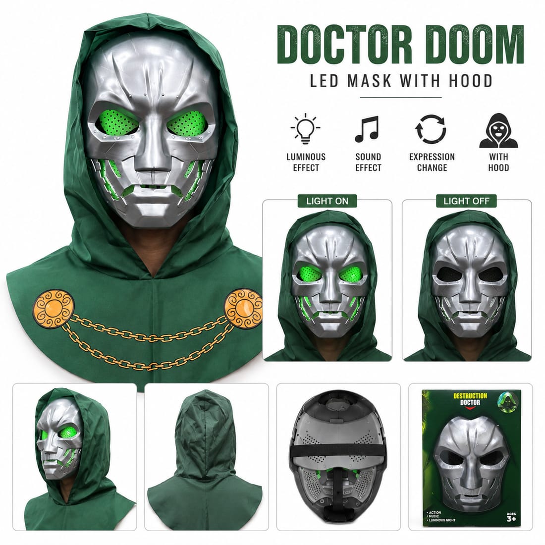 Doctor Doom LED Mask with Hood – Light Up Sound & Expression Changing Cosplay Mask