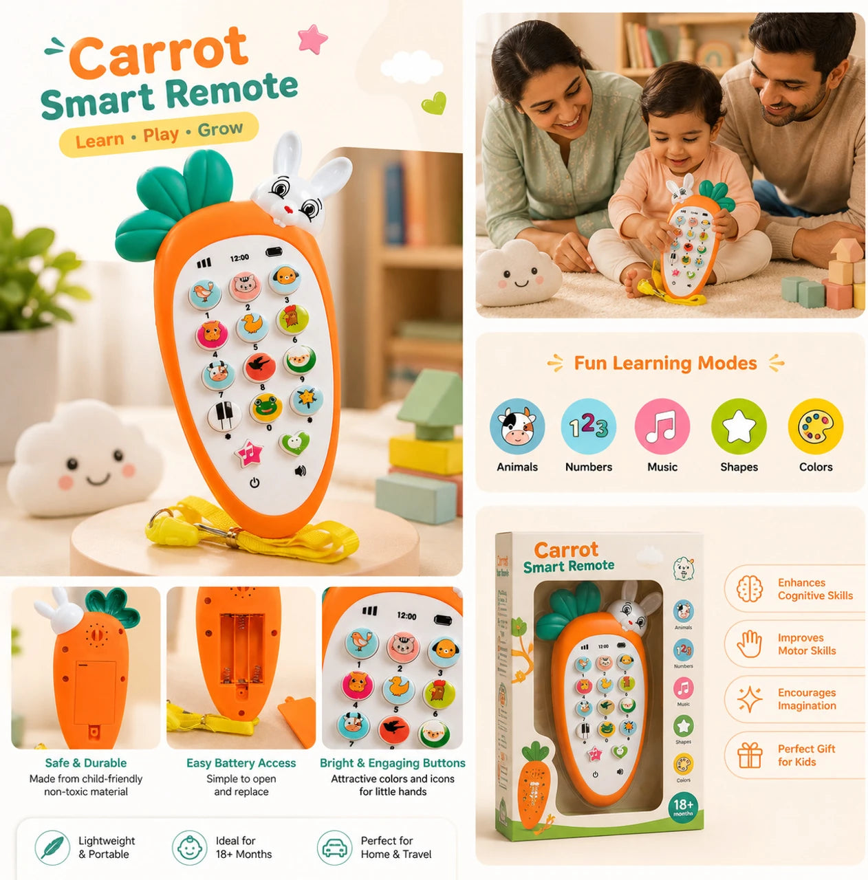 Kids Educational Musical Mobile Phone Toy – Learning Phone with Animal Sounds, Music & Interactive Buttons (Maroon, Green & White)