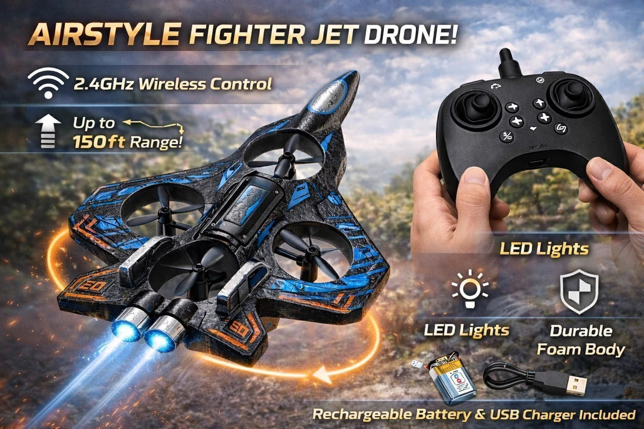 RC Fighter Jet Drone with LED Lights – Durable Foam Remote Control Airplane for Kids 8+