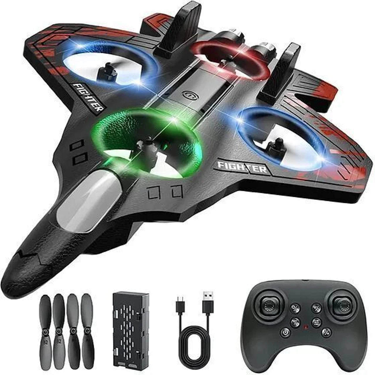 RC Fighter Jet Drone with LED Lights – Durable Foam Remote Control Airplane for Kids 8+