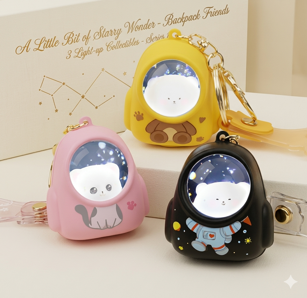 Cute Astronaut LED Light-Up Space Capsule Keychain – Starry Glow Bag Charm for Kids & Girls (Pack of 3, Random Color)