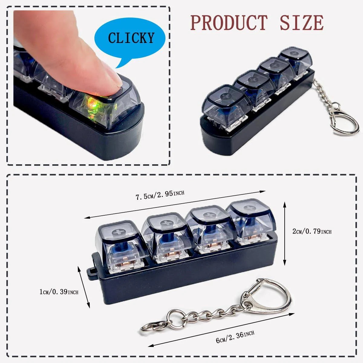 CABINCLUB Mini Mechanical Keyboard Keychain with 4 Clickable Keys & LED Light