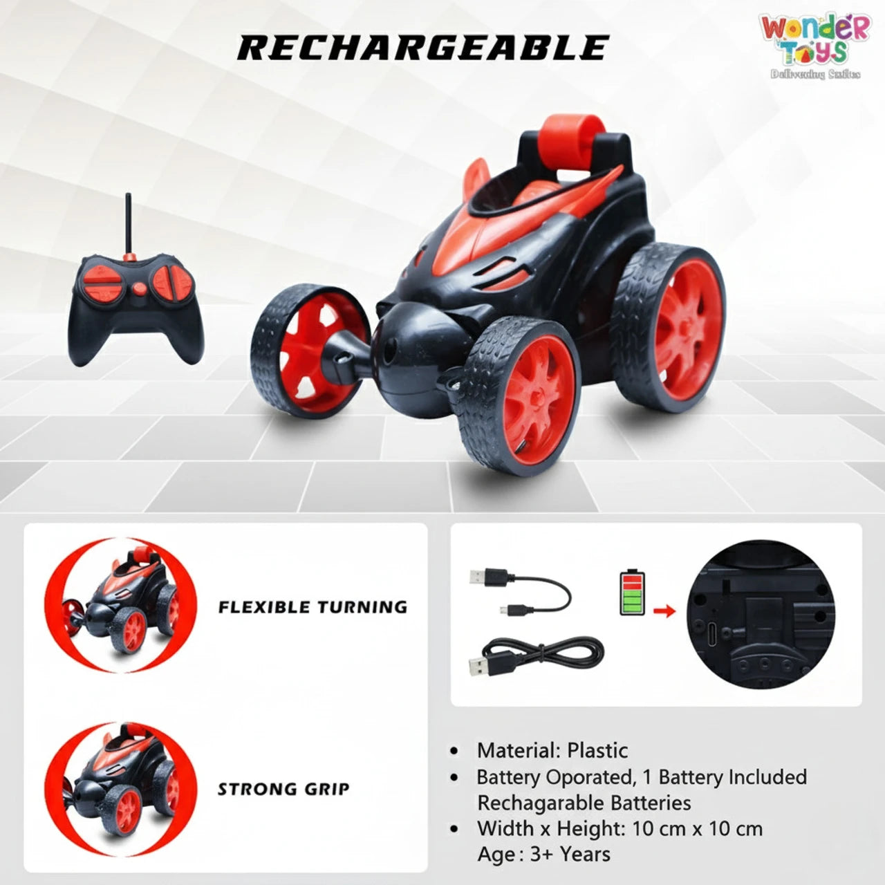 Wonder Stunt Flip & Rotating RC Car – 360° Rolling and Flexible Turning Toy for Kids (Red)