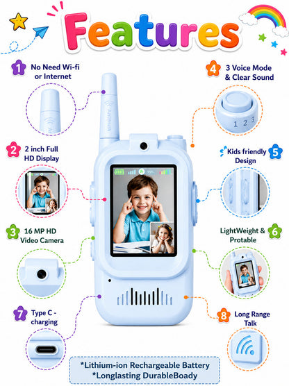 LIVORA Interactive Kids Walkie Talkies – Long Range Toy Radios with Fun Learning Features (Blue & Pink)