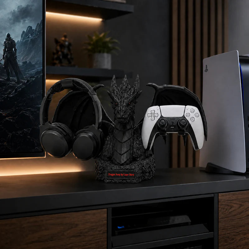 Dragon's Keep Gaming Headset & Controller Stand – Premium Desktop Organizer for Headphones, Game Controllers & Gaming Accessories