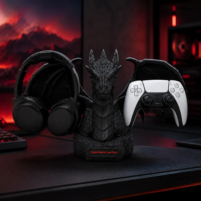 Dragon's Keep Gaming Headset & Controller Stand – Premium Desktop Organizer for Headphones, Game Controllers & Gaming Accessories